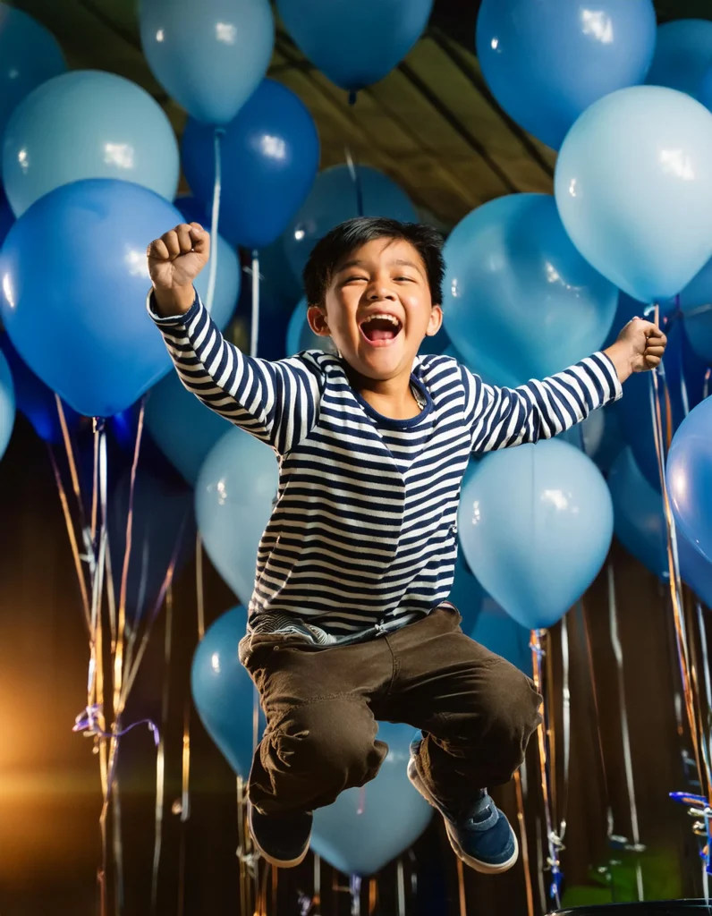 Pre-teen Roaring Through Blue Balloons